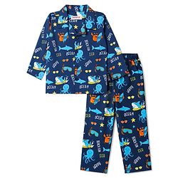 Babyhug 100% Cotton Woven Full Sleeves Front Open Co-Ords Sea Life Printed Shirt & Pajama Night Suit - Blue
