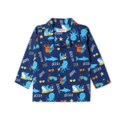 Babyhug 100% Cotton Woven Full Sleeves Front Open Co-Ords Sea Life Printed Shirt & Pajama Night Suit - Blue