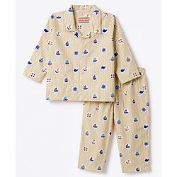 Babyhug 100% Cotton Woven Full Sleeves Striped & Nautical Theme Printed Co-Ords Shirt & Pyjama Night Suit - Yellow