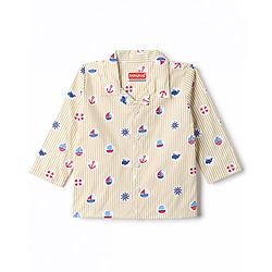 Babyhug 100% Cotton Woven Full Sleeves Striped & Nautical Theme Printed Co-Ords Shirt & Pyjama Night Suit - Yellow
