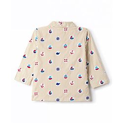 Babyhug 100% Cotton Woven Full Sleeves Striped & Nautical Theme Printed Co-Ords Shirt & Pyjama Night Suit - Yellow