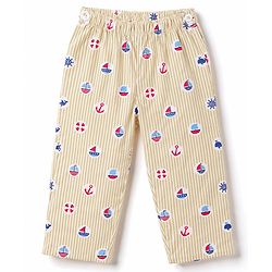 Babyhug 100% Cotton Woven Full Sleeves Striped & Nautical Theme Printed Co-Ords Shirt & Pyjama Night Suit - Yellow