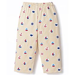 Babyhug 100% Cotton Woven Full Sleeves Striped & Nautical Theme Printed Co-Ords Shirt & Pyjama Night Suit - Yellow
