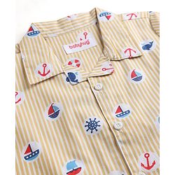 Babyhug 100% Cotton Woven Full Sleeves Striped & Nautical Theme Printed Co-Ords Shirt & Pyjama Night Suit - Yellow