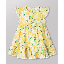 Babyhug Rayon Woven Frill Sleeves Floral Printed Frock with Bow Applique- Yellow & White