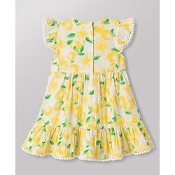 Babyhug Rayon Woven Frill Sleeves Floral Printed Frock with Bow Applique- Yellow & White