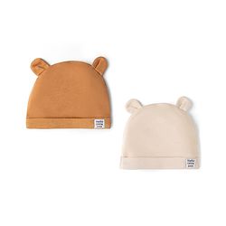 Babyhug 100% Cotton Interlock Knit Solid Baby Cap with Ears Applique Light Brown Pack of 2 - Diameter 14.5 cm