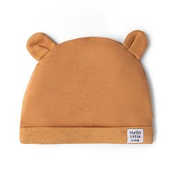 Babyhug 100% Cotton Interlock Knit Solid Baby Cap with Ears Applique Light Brown Pack of 2 - Diameter 14.5 cm