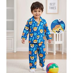 Babyhug 100% Cotton Woven Full Sleeves Front Open Co-Ords Cub Face Printed Shirt & Pajama Night Suit - Navy