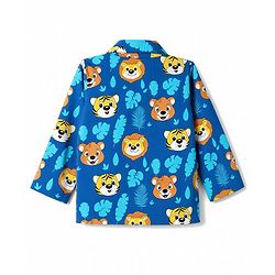 Babyhug 100% Cotton Woven Full Sleeves Front Open Co-Ords Cub Face Printed Shirt & Pajama Night Suit - Navy