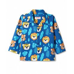 Babyhug 100% Cotton Woven Full Sleeves Front Open Co-Ords Cub Face Printed Shirt & Pajama Night Suit - Navy