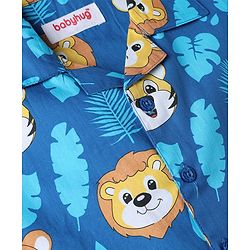Babyhug 100% Cotton Woven Full Sleeves Front Open Co-Ords Cub Face Printed Shirt & Pajama Night Suit - Navy