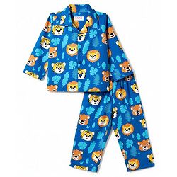 Babyhug 100% Cotton Woven Full Sleeves Front Open Co-Ords Cub Face Printed Shirt & Pajama Night Suit - Navy