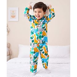 Babyhug 100% Cotton Knit Full Sleeves Front Open Co-Ords Animals Printed Shirt & Pajama Night Suit - White