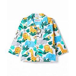 Babyhug 100% Cotton Knit Full Sleeves Front Open Co-Ords Animals Printed Shirt & Pajama Night Suit - White