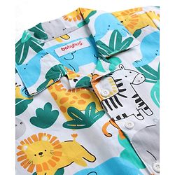 Babyhug 100% Cotton Knit Full Sleeves Front Open Co-Ords Animals Printed Shirt & Pajama Night Suit - White