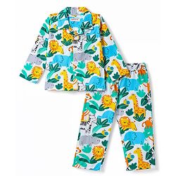 Babyhug 100% Cotton Knit Full Sleeves Front Open Co-Ords Animals Printed Shirt & Pajama Night Suit - White