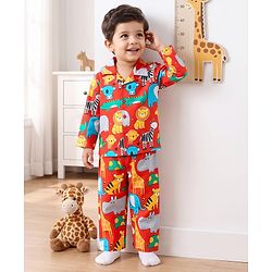 Babyhug 100% Cotton Knit Full Sleeves Shirt & Pyjama Night Suit Co-ords With Animal Print - Red