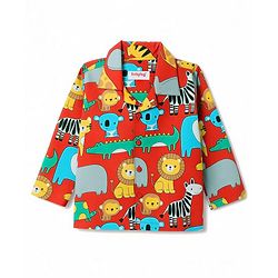 Babyhug 100% Cotton Knit Full Sleeves Shirt & Pyjama Night Suit Co-ords With Animal Print - Red