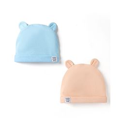 Babyhug 100% Cotton Interlock Knit Cap With Ear Applique Pack of 2 Light Blue & Orange - Diameter 15 cm