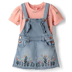Babyhug Denim Woven Frock and Inner Tee with Half Sleeves and Floral Embroidery - Blue