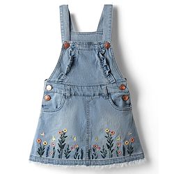 Babyhug Denim Woven Frock and Inner Tee with Half Sleeves and Floral Embroidery - Blue