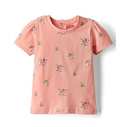 Babyhug Denim Woven Frock and Inner Tee with Half Sleeves and Floral Embroidery - Blue