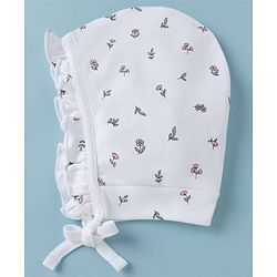 Babyhug 100% Cotton Interlock Knit Frilled Baby Caps with Floral Print Pack of 2 Yellow & White - Diameter 15 cm