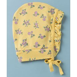 Babyhug 100% Cotton Interlock Knit Frilled Baby Caps with Floral Print Pack of 2 Yellow & White - Diameter 15 cm