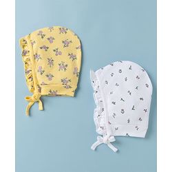 Babyhug 100% Cotton Interlock Knit Frilled Baby Caps with Floral Print Pack of 2 Yellow & White - Diameter 15 cm