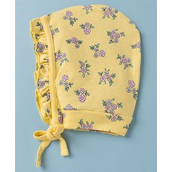 Babyhug 100% Cotton Interlock Knit Frilled Baby Caps with Floral Print Pack of 2 Yellow & White - Diameter 15 cm