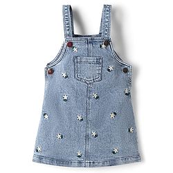 Babyhug Woven Half Sleeve Denim Floral Embroidered Frock with Inner Tee - Blue