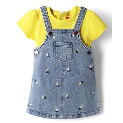 Babyhug Woven Half Sleeve Denim Floral Embroidered Frock with Inner Tee - Blue