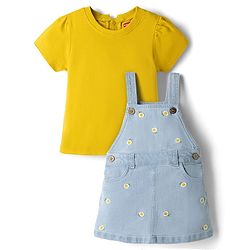Babyhug Denim Woven Frocks with Inner Tee and Half Sleeves with Floral Print in Blue & Yellow