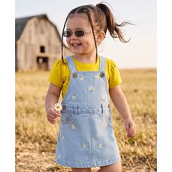 Babyhug Denim Woven Frocks with Inner Tee and Half Sleeves with Floral Print in Blue & Yellow