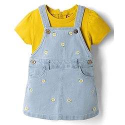 Babyhug Denim Woven Frocks with Inner Tee and Half Sleeves with Floral Print in Blue & Yellow