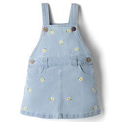 Babyhug Denim Woven Frocks with Inner Tee and Half Sleeves with Floral Print in Blue & Yellow