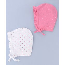 Babyhug 100% Cotton Interlock Knit Cap With Heart & Polka Dot Print Pack of 2 White & Pink - Diameter 14 cm