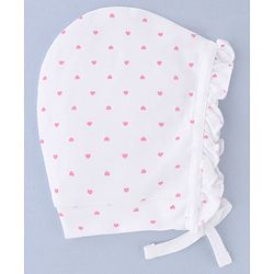 Babyhug 100% Cotton Interlock Knit Cap With Heart & Polka Dot Print Pack of 2 White & Pink - Diameter 14 cm
