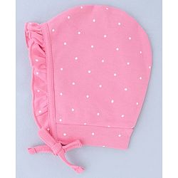 Babyhug 100% Cotton Interlock Knit Cap With Heart & Polka Dot Print Pack of 2 White & Pink - Diameter 14 cm