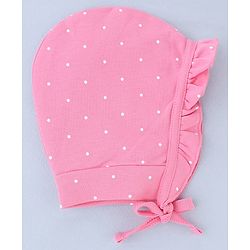 Babyhug 100% Cotton Interlock Knit Cap With Heart & Polka Dot Print Pack of 2 White & Pink - Diameter 14 cm