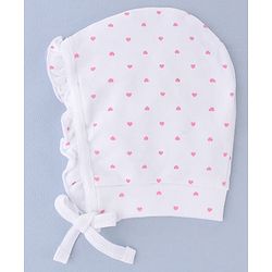 Babyhug 100% Cotton Interlock Knit Cap With Heart & Polka Dot Print Pack of 2 White & Pink - Diameter 14 cm