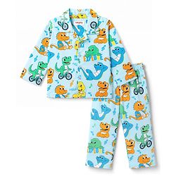 Babyhug 100% Cotton Knit Full Sleeves Shirt & Pyjama Night Suit with Dino Print - Blue
