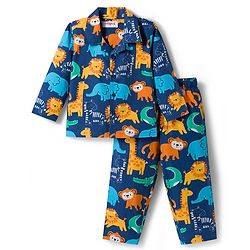 Babyhug 100% Cotton Knit Full Sleeves Shirt & Pyjama Night Suit with Animals Print - Navy Blue