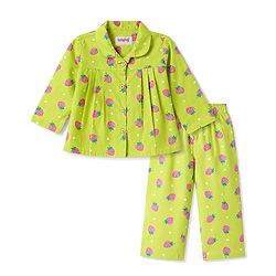 Babyhug Cotton Woven Full Sleeves Strawberry Printed Co-Ords Top & Pyjama Night Suit - Lime Green