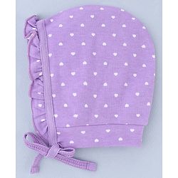 Babyhug 100% Cotton Interlock Knit Cap With Heart & Polka Dot Print Pack of 2 White & Purple - Diameter 14 cm