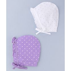 Babyhug 100% Cotton Interlock Knit Cap With Heart & Polka Dot Print Pack of 2 White & Purple - Diameter 14 cm