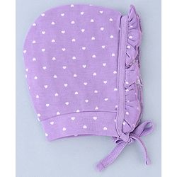 Babyhug 100% Cotton Interlock Knit Cap With Heart & Polka Dot Print Pack of 2 White & Purple - Diameter 14 cm