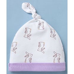 Babyhug 100% Cotton Interlock Knit Striped Cap with Bunny Print Pack of 2 White - Diameter 15 cm