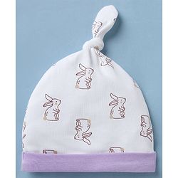 Babyhug 100% Cotton Interlock Knit Striped Cap with Bunny Print Pack of 2 White - Diameter 15 cm